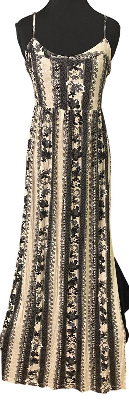 Volcom Skippin Town Maxi Dress XS Cream Black Floral Striped Boho Strappy Beach